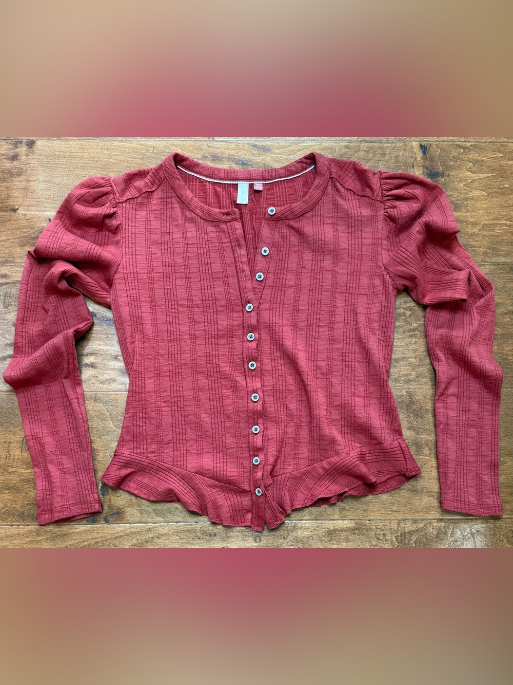 Pilcro Burnt Orange Puff Sleeve Ribbed Peplum Button Top XS